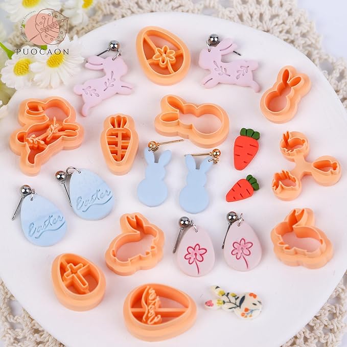 Puocaon Easter Polymer Clay Cutters - 17 Pcs Clay Cutters for Polymer Clay Jewelry, Basic Rabbit Carrot Clay Earring Cutters, Easter Eggs Clay Jewelry Cutters, Floral Bunny Clay Cutters