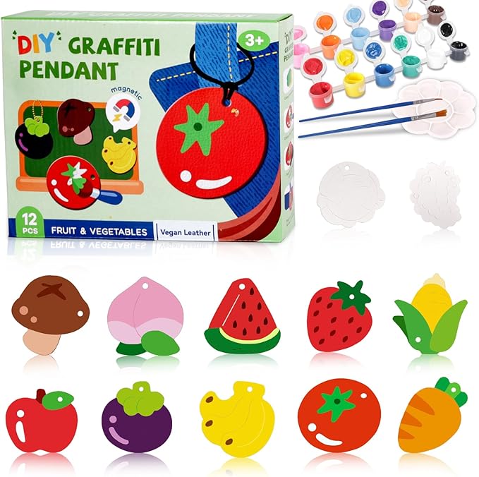 Magnetic Mini Tile Art-DIY Craft Kits for Kids,Fridge magnet painting kit for kids Ages 4-8,Soft Leather Fridge Magnets Craft Paint Set Fruit & Vegetables,Party Favors for Kids 8-12