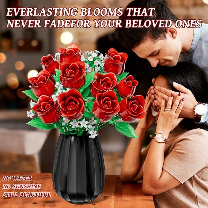 Red Rose Flowers Bouquet Building Set, Flower Plants for Botanical Collection and Decorative Home Table Art Forever Rose Toy, Valentine's DIY Gift for Women Girls Adults 6+, No Vase