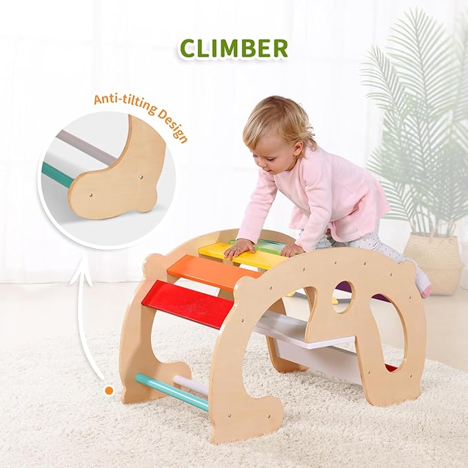 2 in 1 Rainbow Climbing Toys - Pikler Montessori Climbing Set, Wooden Rocking Horse Toy, Children Indoor Outdoor Play Gym Learning Playset, Playground for Kids Present
