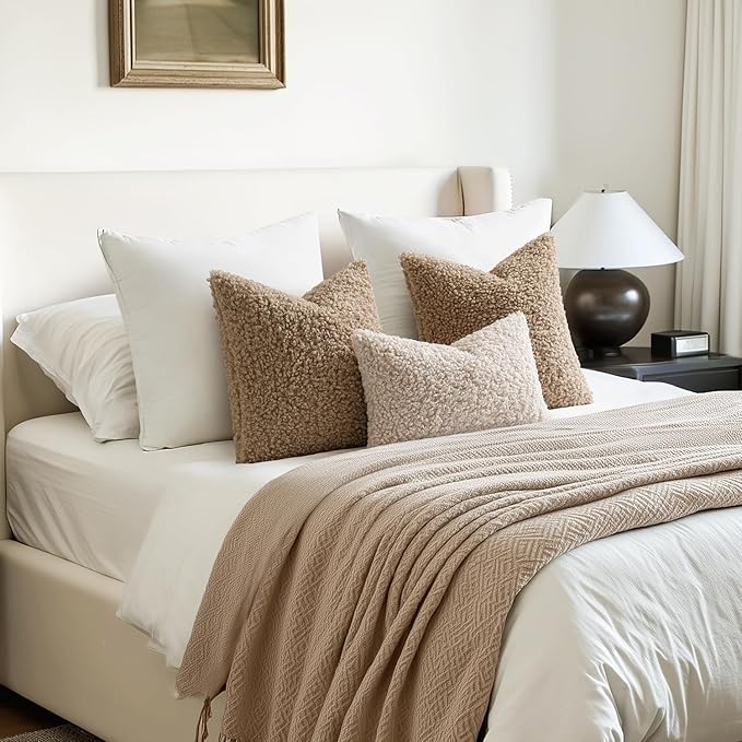 Woaboy Faux Fur Throw Pillow Covers 20x12 Inch Set of 2 Boucle Neutral Decorative Lumbar Sherpa Fuzzy Accent Soft Sheepskin Fleece Cushions Modern Home Decor for Couch Sofa Bedroom Living Room,Khaki