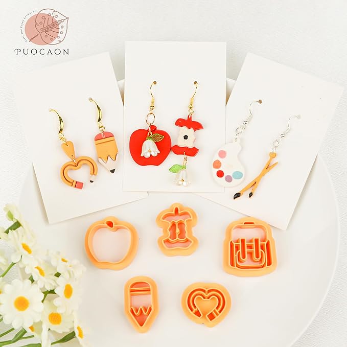 Puocaon School Polymer Clay Cutters - 10 Pcs Books Polymer Clay Cutters for Jewelry, School Bag Crayon Pencil Clay Cutters for Earrings Making, Apple Atom Clay Jewelry Cutters Set Clay Earrings Making
