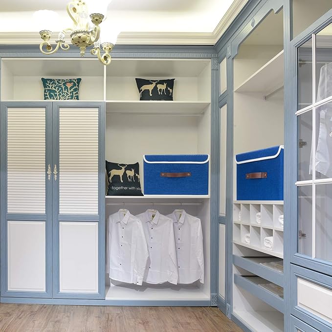 TYEERS Collapsible Storage Boxes, Washable Fabric Storage Bins with Lids, 14.9x9.8x9.8 inches, 3 Pack, Classic Blue