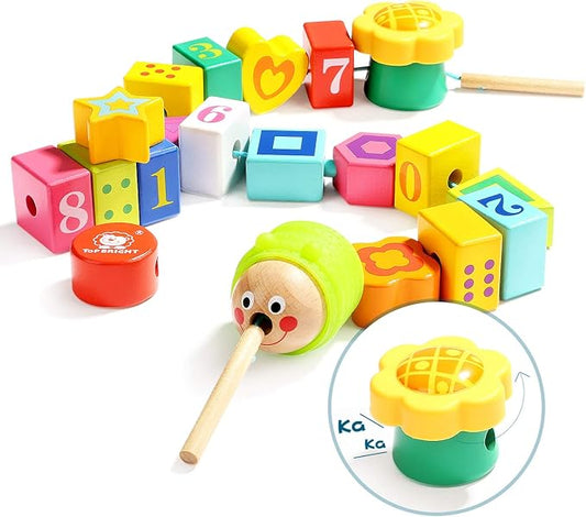 TOP BRIGHT Wooden Lacing Beads for Toddlers, Kids Fine Motor Skills Montessori Toys for 2 Year Old Girls Boys, Threading Toys for Two Year Old Girl Birthday Gifts