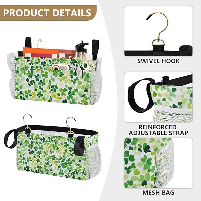 Bright Green Clover St. Patrick Bedside Caddy for Dorm Bed Bedside Hanging Caddy Bag Iron Frame Storage Organizer Pocket for Bunk Home College Hospital Beds 2 Hooks