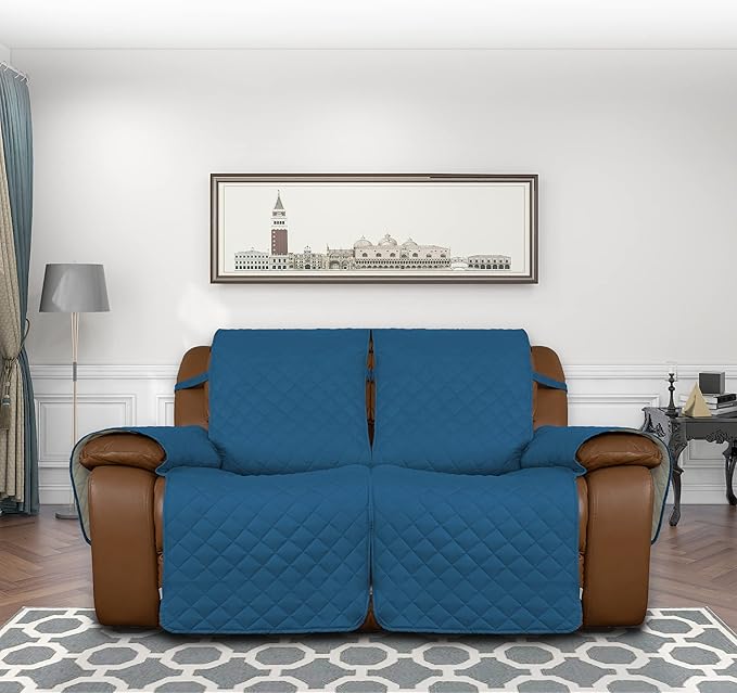 Easy-Going Loveseat Recliner Cover, Reversible Couch Cover for Double Recliner, Split Sofa Cover for Each Seat, Furniture Protector with Elastic Straps for Kids, Dogs(2 Seater, Peacock Blue/Beige)
