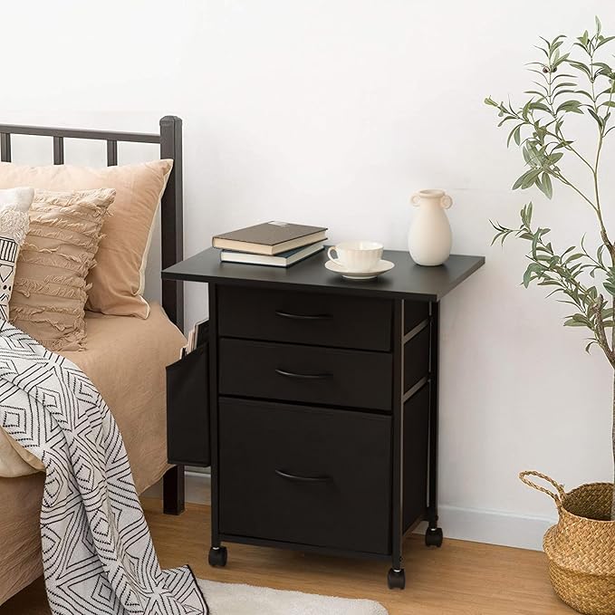 Printer Stand with 3 Fabric Drawer, Mobile File Cabinet for Home Office with Storage Bag, Rolling Under Desk Organizer Shelf, Fits A4 or Letter Size, Complete Top Plate Fast Assembly (Night Black)