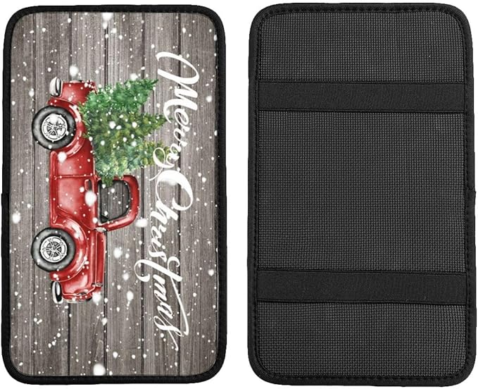 DORKEIXIA Farm Rustic Vintage Retro Old Merry Christmas Red Truck Auto Center Console Armrest Pad Universal Car Center Console Cover Seat Box Cover for Sedan, Van, SUV, Truck Car Accessorie
