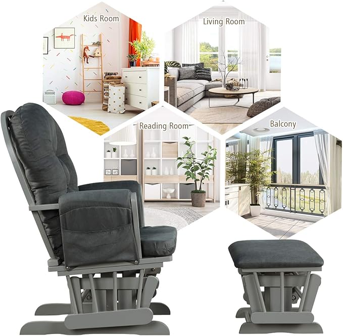 Costzon Nursery Glider with Ottoman, Upholstered Comfort Glider Rocker with Padded Cushion, Storage Pocket, Solid Wood Base, Rocking Chair Nursery for Breastfeeding, Maternity, Napping (Dark Gray)