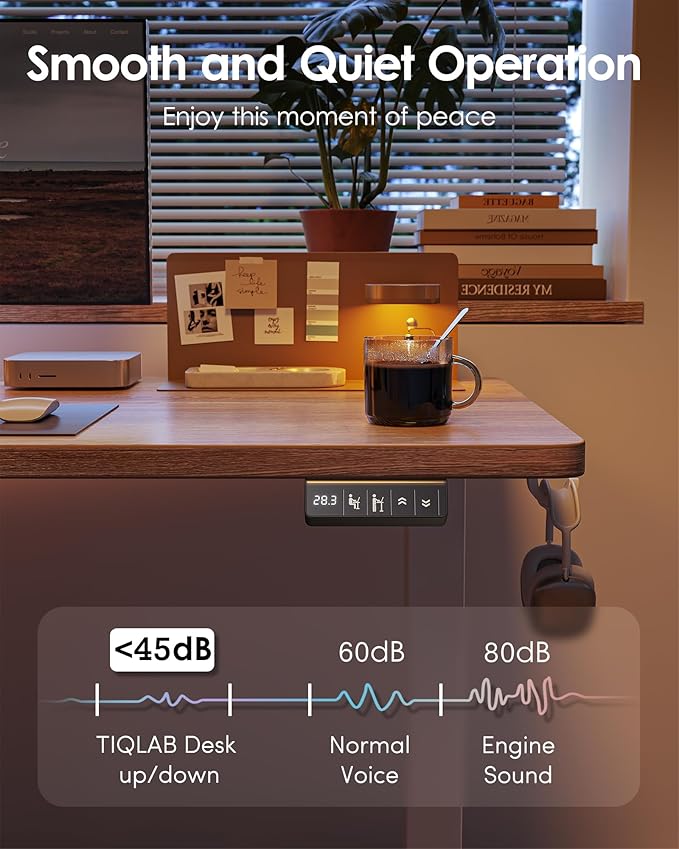 TIQLAB Electric Height Adjustable Standing Desk 47.2×23.6 inch, Sit Stand Desk with Splice Board, Memory Controller, White Frame & Maple Top Computer Workstation for Home Office