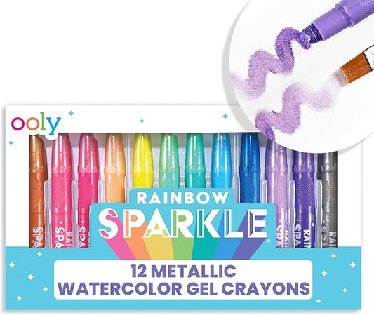 Ooly Rainbow Sparkle Metallic Watercolor Gel Crayons, Set of 12, Glitter Gel Markers for Kids and Toddlers, Colorful Twistable Crayons for Drawing - Metallic