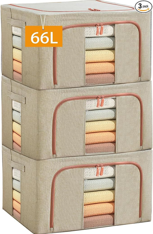 Large Storage Bags,Stackable Clothes Storage Bins with Hold Shape Metal Frame,Foldable Closet Organizer Containers with Zipper,Clear Window,Thick Fabric for Seasonal Clothing,Bedding (3 Pack, 66L)