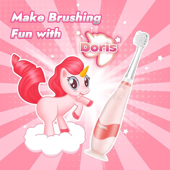 Papablic Toddler Sonic Electric Toothbrush for Ages 1-3 Years, Baby Electric Toothbrush with Cute Unicorn Cover and Smart LED Timer, 4 Brush Heads (Doris)
