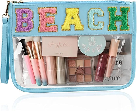 BuyCard Chenille Letter Bag, Clear Beach Purse, Clear Cosmetic Zipper Pouch for Travel, Portable Water-proof Preppy Makeup Toiletry Flat With Zipper, Organizer for Women Girls Blue