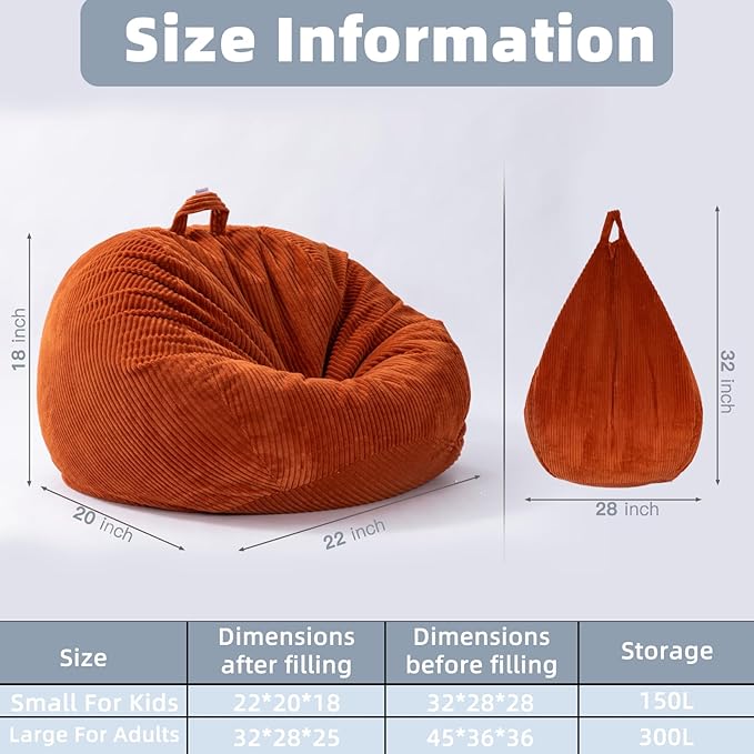 Large Stuffed Animal Storage Bean Bag Chair （No Filler）, 3 ft Giant Heavy Soft Corduroy Bean Bag Cover for Kids Teens & Adults，Round Fluffy Sofa for Home Living Room Bedroom College Dorm