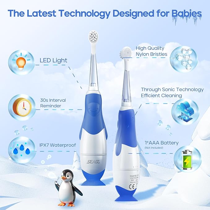 SEAGO Toddler Electric Toothbrushes for Baby Ages 0-3 Years, Baby Toothbrush with Smart Timer and Suction Base, 4 Replacement Brushheads (Navy-C)