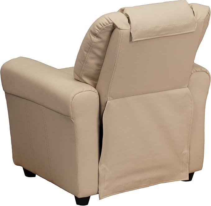 Flash Furniture Vana Vinyl Kids Recliner with Cup Holder, Headrest, and Safety Recline, Contemporary Reclining Chair for Kids, Supports up to 90 lbs., Beige