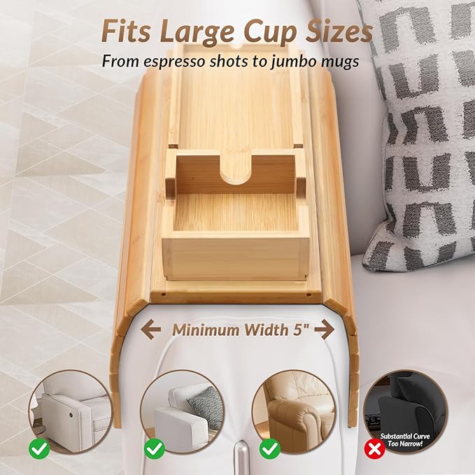FUNKYLEE Bamboo Couch Armrest Table, Arm Tray with Removable Couch Cup Holder, 2 in 1 Design Foldable Anti-Slip Bamboo Sofa Arm Tray for Remote Controls, Phones, Cups and Snacks