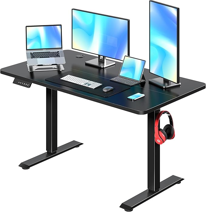 VECELO Electric Standing Desk Adjustable Height, 48 x 24 Inch Computer Desk with Headphone Hook, Memory Preset Gaming Desk, Dual-Motor, Easy Assemble for Home, Office, Black