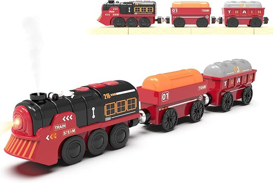 Toy Train Electric Train Set for Wooden Tracks, Christmas Motorized Train Toys for Toddlers, Battery Operated Train Includes Lights, Sounds, Smoke, Steam Train Compatible with Thomas, Brio