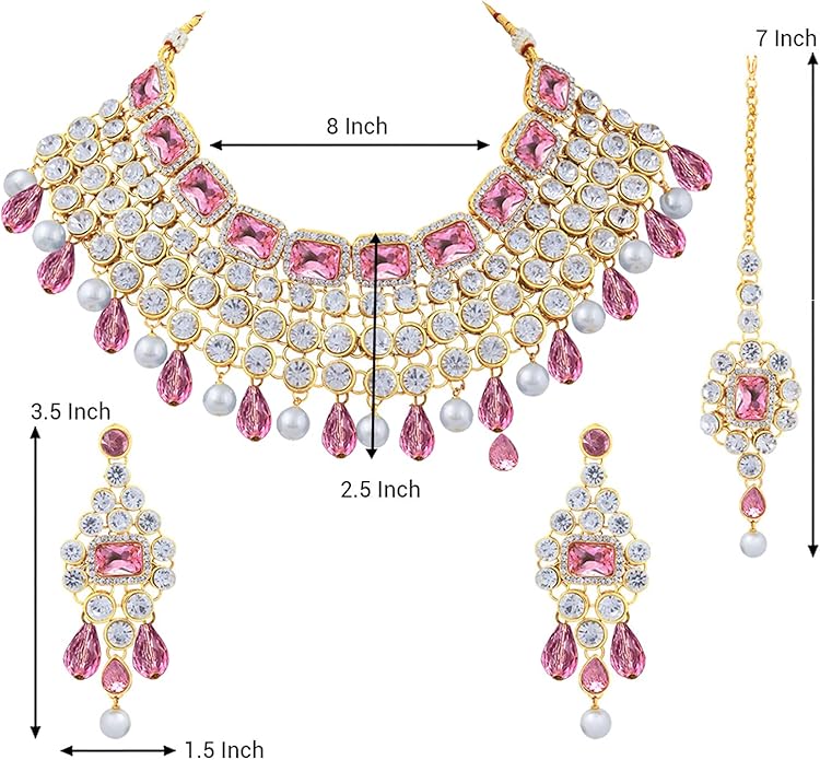 Aheli Kundan and Simulated Colored Stones Indian Ethnic Maang Tikka Necklace and Earrings Set Bollywood Festive Statement Jewelry Gift for Women