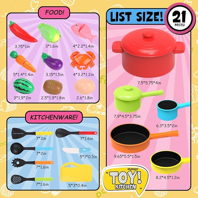 GILOBABY Play Kitchen Accessories, Play Food Sets for Kids Kitchen Playset with Pots and Pans Set, Cooking Utensils, Preschool Learning Education Toys for Toddlers, Birthday Gifts for Girls (Red)