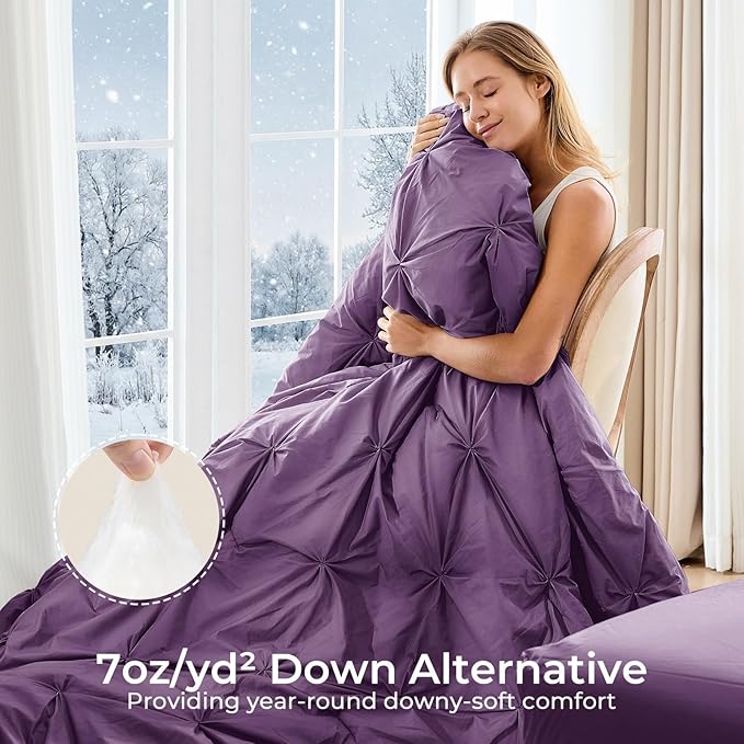 Sasttie California King Comforter Set, 7-Piece Bed in a Bag Cal King, Pintuck Bedding Set for All Season, Includes Comforter, Flat Sheet, Fitted Sheet, Pillowcases and Pillowshams, Grape Purple