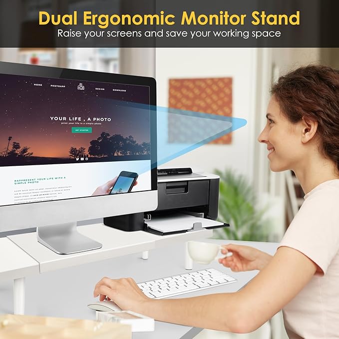 Across-Star Dual-Monitor-Stand-Riser-For-Desk Adjustable Length 32-40 Inch，Large Desktop Computer Monitor Riser For 2 Screens，Desk Shelf Organizer Riser Stand For Computer/Laptop/PC/Printer/TV White