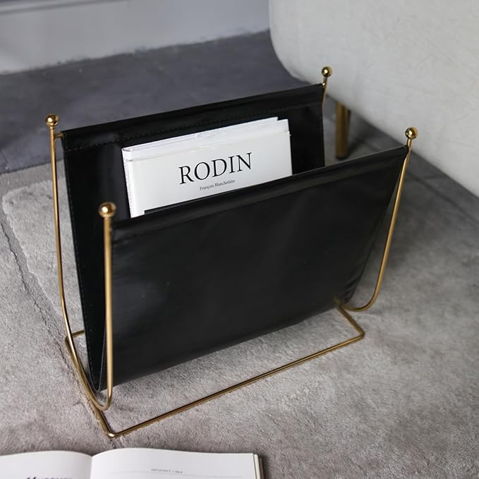 lesermoorer Black Leatherette Magazine Rack Holder, with Metal Ball Bracket,Modern Fashion Style for Books,Newspapers,Home Staging,Bedroom,Hotel,Offices and Living Rooms