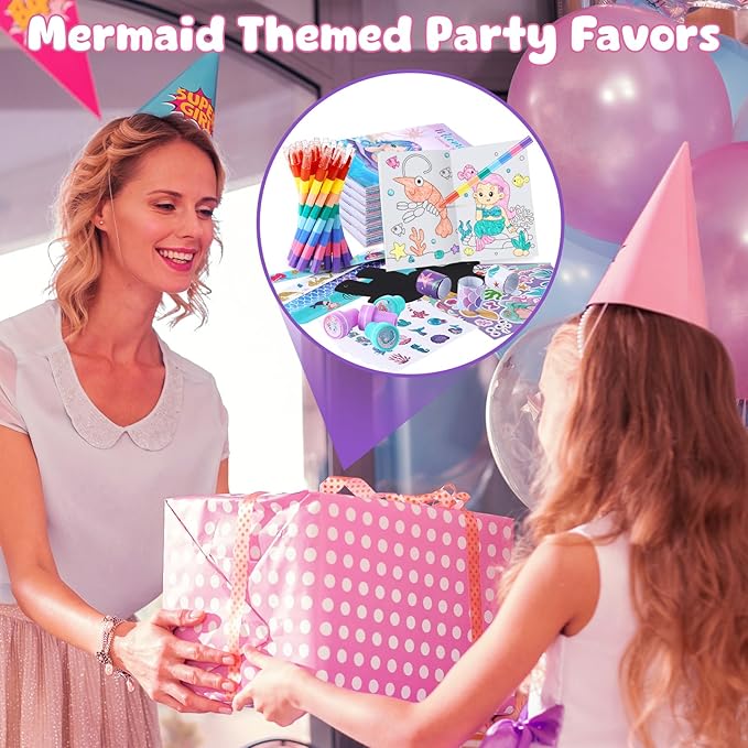 BenLouis 192Pcs Mermaid Party Favors Little Mermaid Coloring Books Crayon Stickers Set Bulk for Kids Mermaid Birthday Decor Baby Shower Candy Goodie Bag Stuffer Classroom Rewards Pinata Supplies
