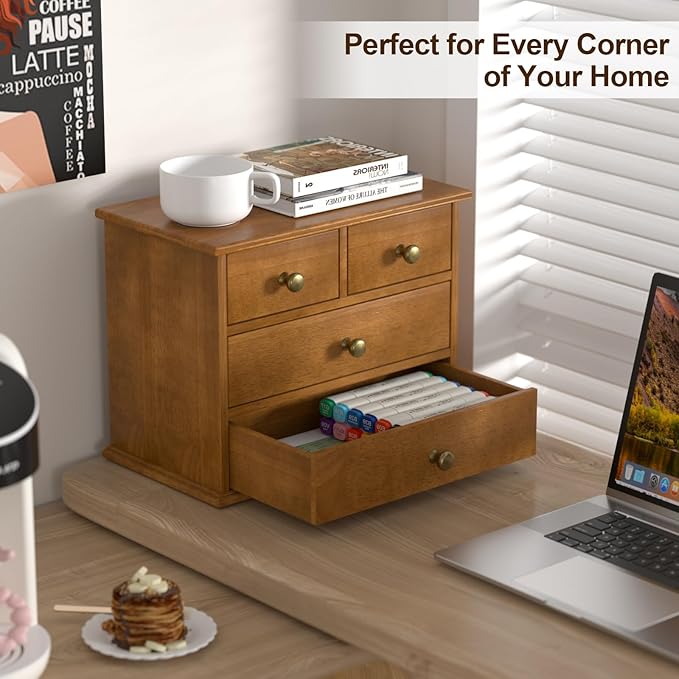 Oak Desk Organizer with Drawers, Durable Wooden Desktop Storage Box with Metal Handles & Non-Slip Silicone Pads, 4 Drawer Tabletop Organizer for Office, Bedroom, Bathroom, Vanity, and Makeup – Walnut