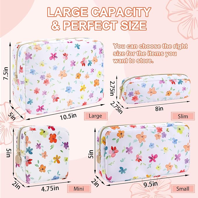 UIXIZQ Waterproof Large Floral Makeup Pouch,Nylon Travel Toiletry Storage Purse Preppy Cosmetic Bag for Women Girl,Large Capacity Makeup Organizer Zipper Pouch for Work(L Colorful-Flowers)