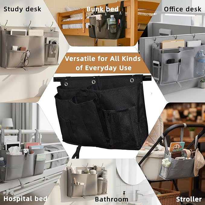 Bedside Organizer, Durable Bunk Bed Caddy, Multi-Pocket Hanging Storage Bag for College Dorm, Home, Hospital and Baby Stroller, Easy Installation, Metal Rivets Added, Oxford Fabric (Black)