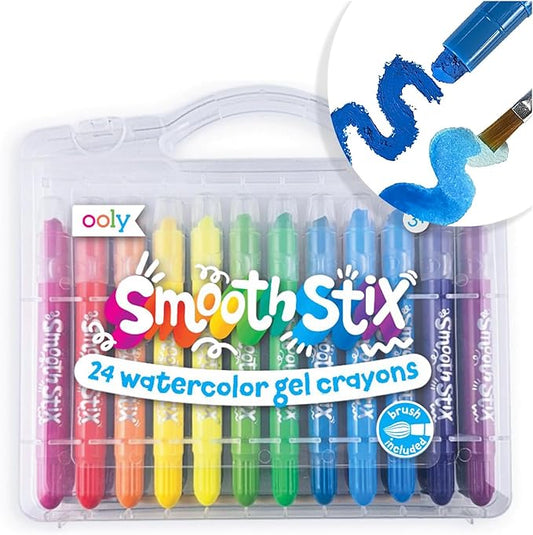 Ooly Smooth Stix Gel Crayons for Kids and Adults with Paint Brush - Set of 24 Watercolor Rainbow Crayons for Glass and Paper with Case, Twist-Up Gel Crayon Set