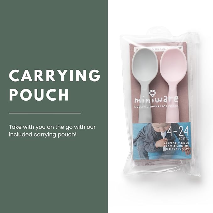 Miniware Silicone Baby Spoon for Training - BPA Free Baby Utensils - Baby Spoons Self Feeding 6 Months | 100% Food Grade Silicone - Modern & Dishwasher Safe Toddler Spoons (Grey and Cotton Candy)