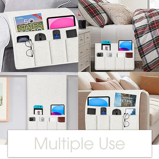 Joywell Couch Remote Holder Sofa Armrest Organizer Non Slip Arm Chair Caddie for Recliner with 6 Pocket Storage for Magazine, Tablet, Phone, iPad, Beige White