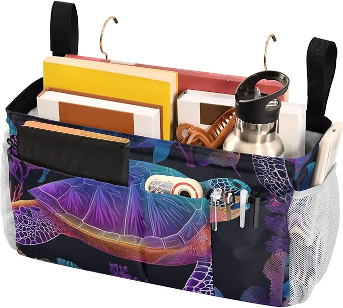 Colorful Gradient Turtle Fish and Coral Bedside Caddy for Dorm Bed Bedside Hanging Caddy Bag Iron Frame Storage Organizer Pocket for Bunk Home College Hospital Beds 2 Hooks