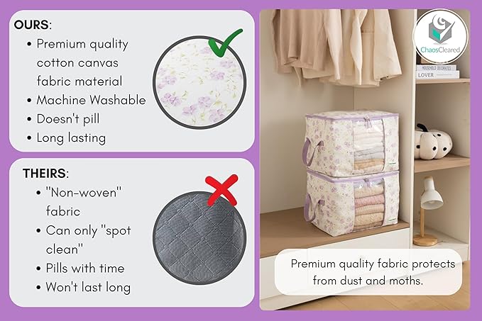 Canvas Storage Bags 2 Pack Designer Organizer bags for Clothes, sweaters, clothing, garments, quilt, linens, large folding organizers with zip & window, moth proof space saver Purple floral Print