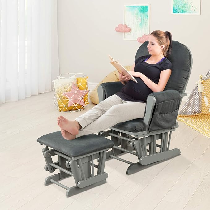 Costzon Nursery Glider with Ottoman, Upholstered Comfort Glider Rocker with Padded Cushion, Storage Pocket, Solid Wood Base, Rocking Chair Nursery for Breastfeeding, Maternity, Napping (Dark Gray)