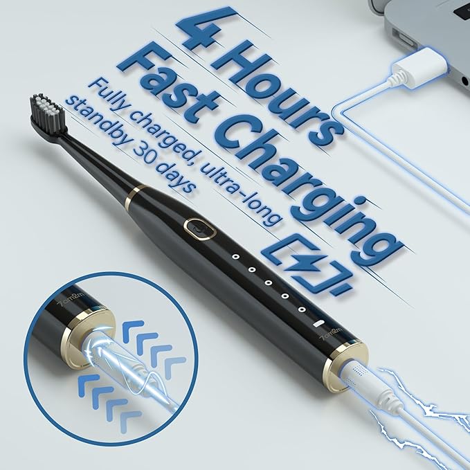 7AM2M Sonic Electric Toothbrush for Adults and Kids- High Power Rechargeable Toothbrushes with 8 Brush Heads,5 Adjustable Modes, Built-in 2-Minute Smart Timer,4 Hours Fast Charge for 30 Days(Black)