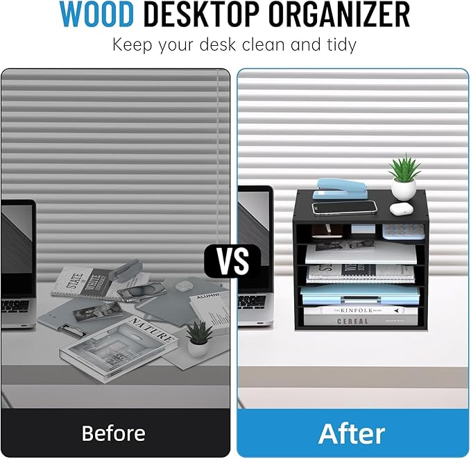 5-Tier Wood Desk Organizer, Paper Tray Organizer for Desk with Adjustable Storage Shelves, Desktop File Organization Paper Sorter Mail Holder for Office Home Classroom, Black