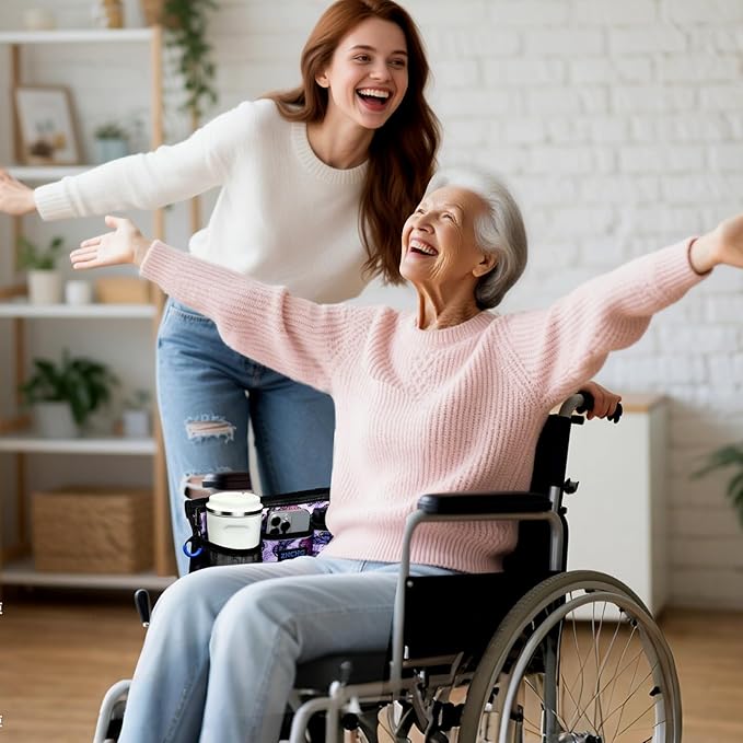 Wheelchair Side Bag, Wheelchair Armrest Pouch Accessories with Cup Holder, Storage Bag for Walker, Rollator, Electric Scooter Wheelchairs, Ideal Gift for Mother's Day & Father's Day (Purple)