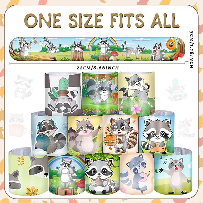 48 PCS Raccoon Slap Bracelets Party Favors, Raccoon Wristbands Bracelets Goodie Bag Fillers for Woodland Raccoon Birthday Party Decorations Supplies Gifts for Kids Boys Girls