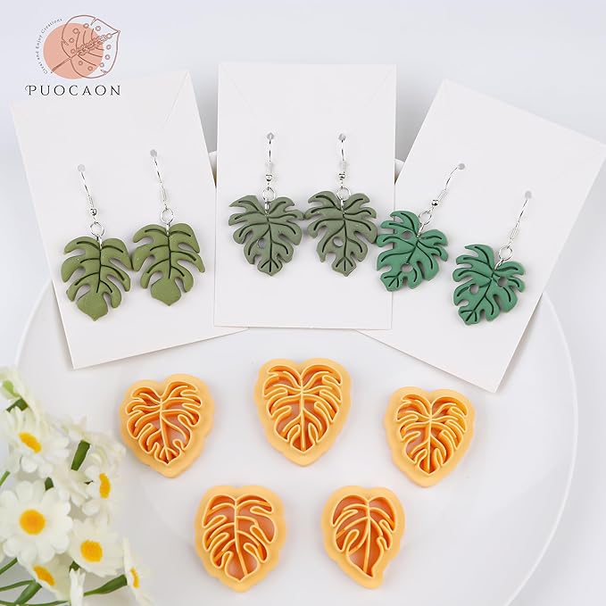 Puocaon Monstera Leaves Clay Cutters - 8 Pcs Clay Cutters for Polymer Clay Jewelry, Boho Monstera Clay Cutters for Earrings Making, Dangle Earring Cutters for Polymer Clay, Plant Shape Clay Cutters