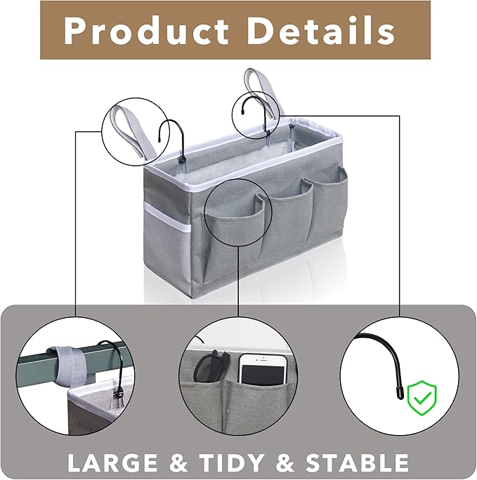 Beside Caddy Storage Organizer, Hanging Bag Holder with Pockets for Bedroom, Loft Bed Tent, Bed Curtain, Top Bunk bed Shelf Accessories Bedside Caddy 3-pocket (Gray_1pcs)