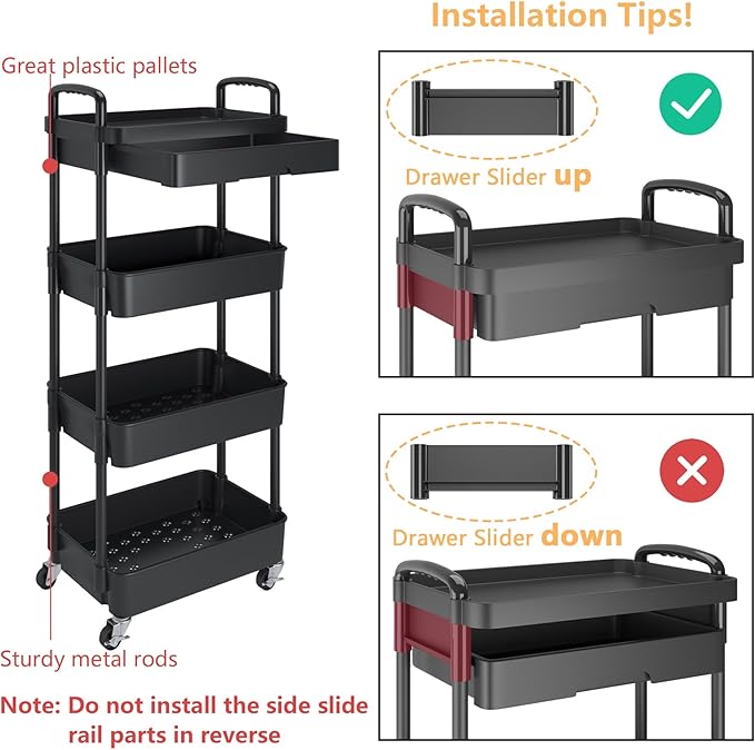 Calmootey 4-Tier Rolling Utility Cart with Drawer,Multifunctional Storage Organizer with Plastic Shelf & Metal Wheel,Storage Cart for Kitchen,Bathroom,Living Room,Office,Black