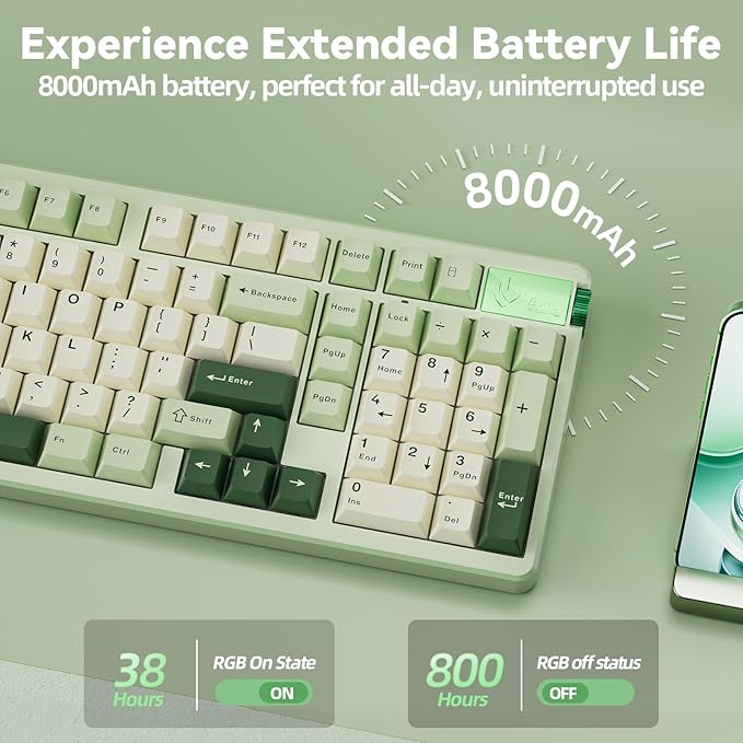 LEOBOG A98-96% Mechanical Keyboard Wireless, Tri-Mode BT5.0/2.4GHz/USB-C, Creamy Keyboard with Number Pad, Gasket Structure Hot Swappable, RGB Backlit Green Gaming Keyboard with Knob for PC