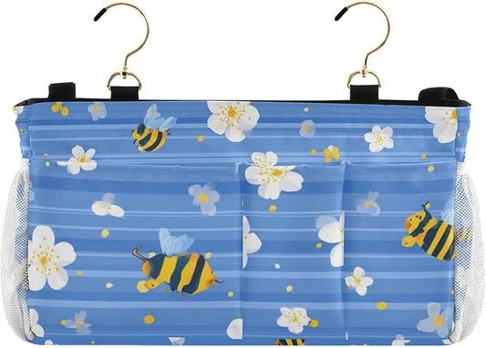 Blue Striped Sakura Bees Bedside Caddy for Dorm Bed Bedside Hanging Caddy Bag Iron Frame Storage Organizer Pocket for Bunk Home College Hospital Beds 2 Hooks