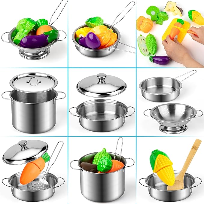 Juboury Kitchen Pretend Play Toys with Stainless Steel Cookware Pots and Pans Set, Cooking Utensils, Apron & Chef Hat, Cutting Vegetables for Kids, Girls, Boys, Toddlers