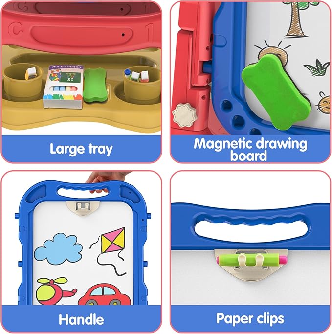 Amagoing Easel for Kids, Adjustable Standing Art Easel for Toddler, Double Drawing Board with Painting Accessories, Birthday Christmas Gift for Little Boys and Girls, Middle Size Blue+Red